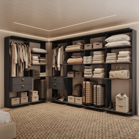 Guarda-Roupas Closet Modulado Alasca 360cm 6 Peças com 4 Gavetas e Cabideiros Preto Touch Carraro