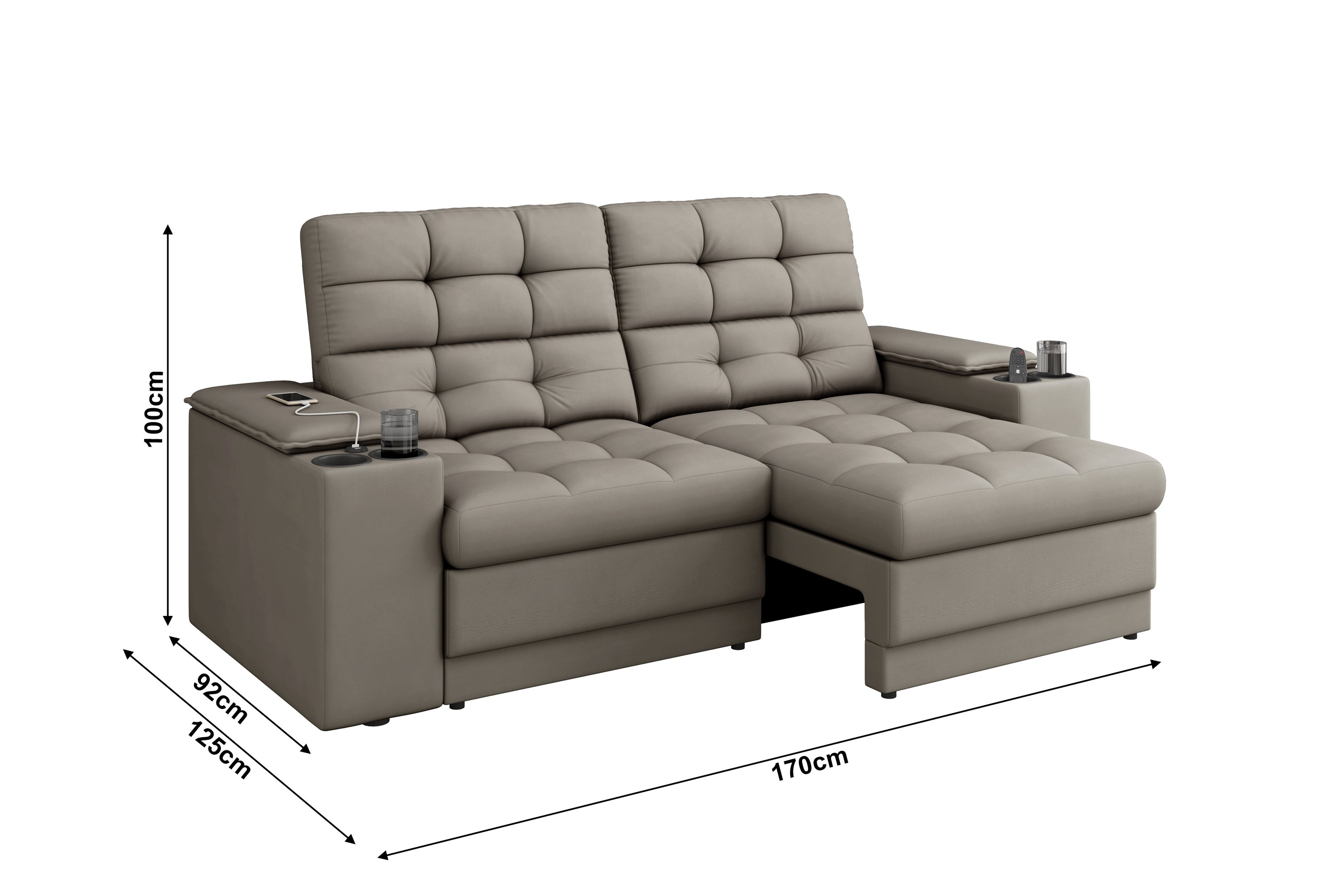 Sofá Confort Premium 1,70m Assento Retrátil/reclinável Porta Copos e Usb Suede Capuccino - Xflex - 3