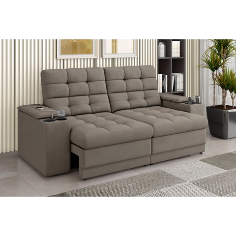 Sofá Confort Premium 1,70m Assento Retrátil e Reclinável Porta Copos e USB Suede Capuccino - Xflex