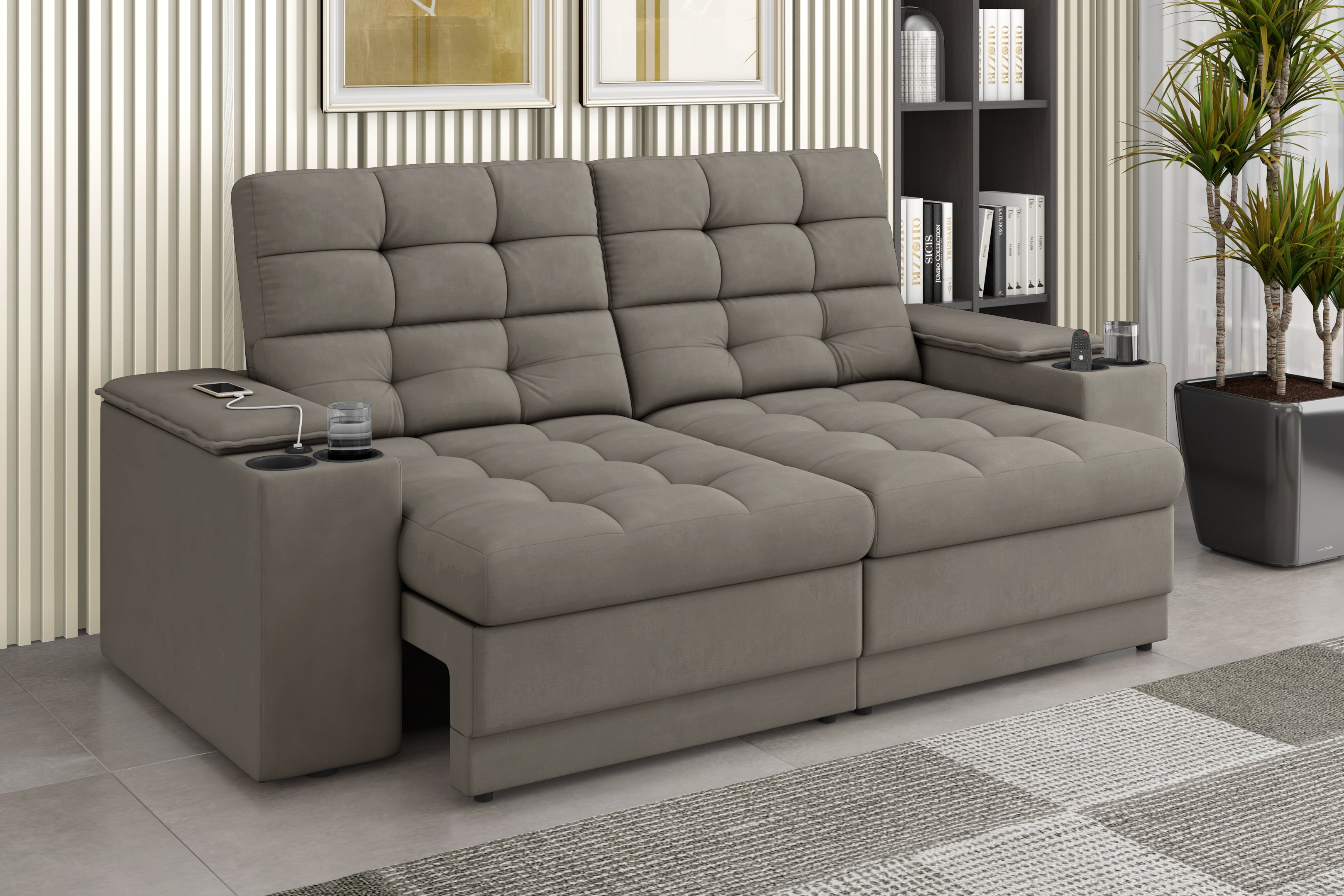 Sofá Confort Premium 1,70m Assento Retrátil/reclinável Porta Copos e Usb Suede Capuccino - Xflex