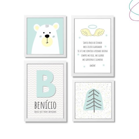 4 Quadros Decorativos Infantil Escandinavo Urso da Montanha:branca