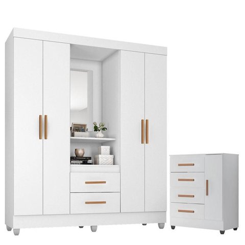 Guarda Roupa Casal Capela com Cômoda Lite 4 Gavetas 01 Porta Branco Brilho - Móveis Leão