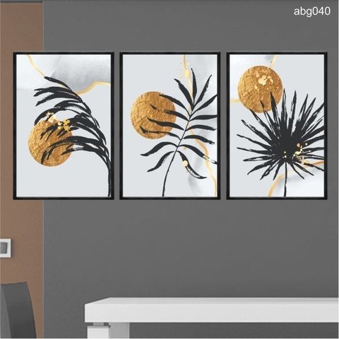 Kit 03 Quadros Decorativos Sol e Folhas Douradas Abstrato Abg040 Canvas 40x60cm Cada