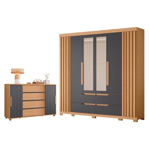 Guarda Roupa Casal Doble com Espelho 06 Portas e Cômoda Evidenza Freijo Off White Titanium Flex - Mó