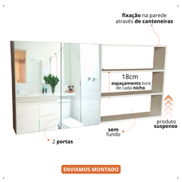 Nicho com Divisória Armário 2 Portas Espelheiro Prático Moderno Organizador 50x60x15cm - 3