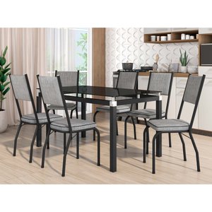 Conjunto Mesa de Jantar com 6 Cadeiras 258 Malva Tampo Vidro 140cm Sf Preto Assento Grafiato - Combo