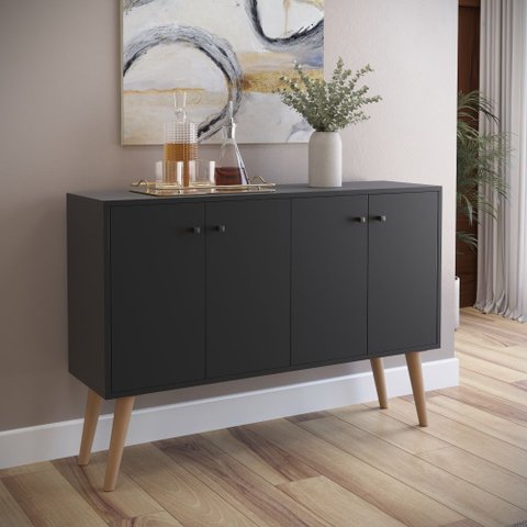 Buffet Aparador Imperial 4 Portas com Pés Palito Retrô - Preto