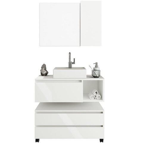 Kit Gabinete Balcão e Espelheira de Banheiro Marina Branco