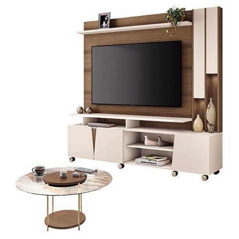 Estante Home Theater Virtus Castanho Off White com Mesa de Centro Sky com Tampo de Vidro Castanho -