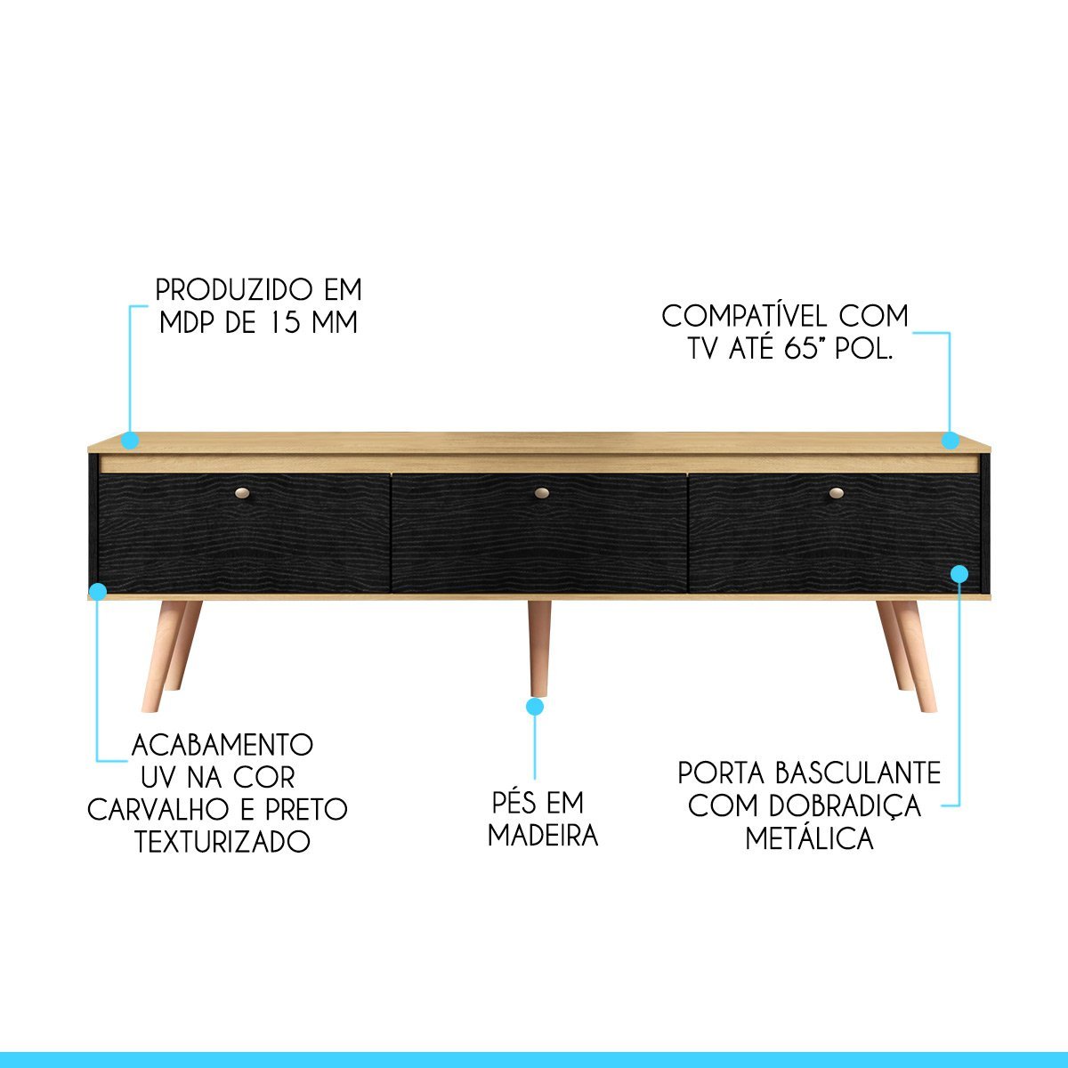 Rack Aparador para TV 65' 160x59 Cm Memphis MDP Preto 0673 MENU - 2