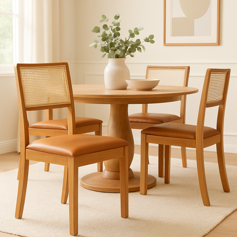 Kit 2 Cadeiras de Jantar Madeira Maciça Mel Encosto Telinha Palha Estofada Couro Pu Caramelo Rubi