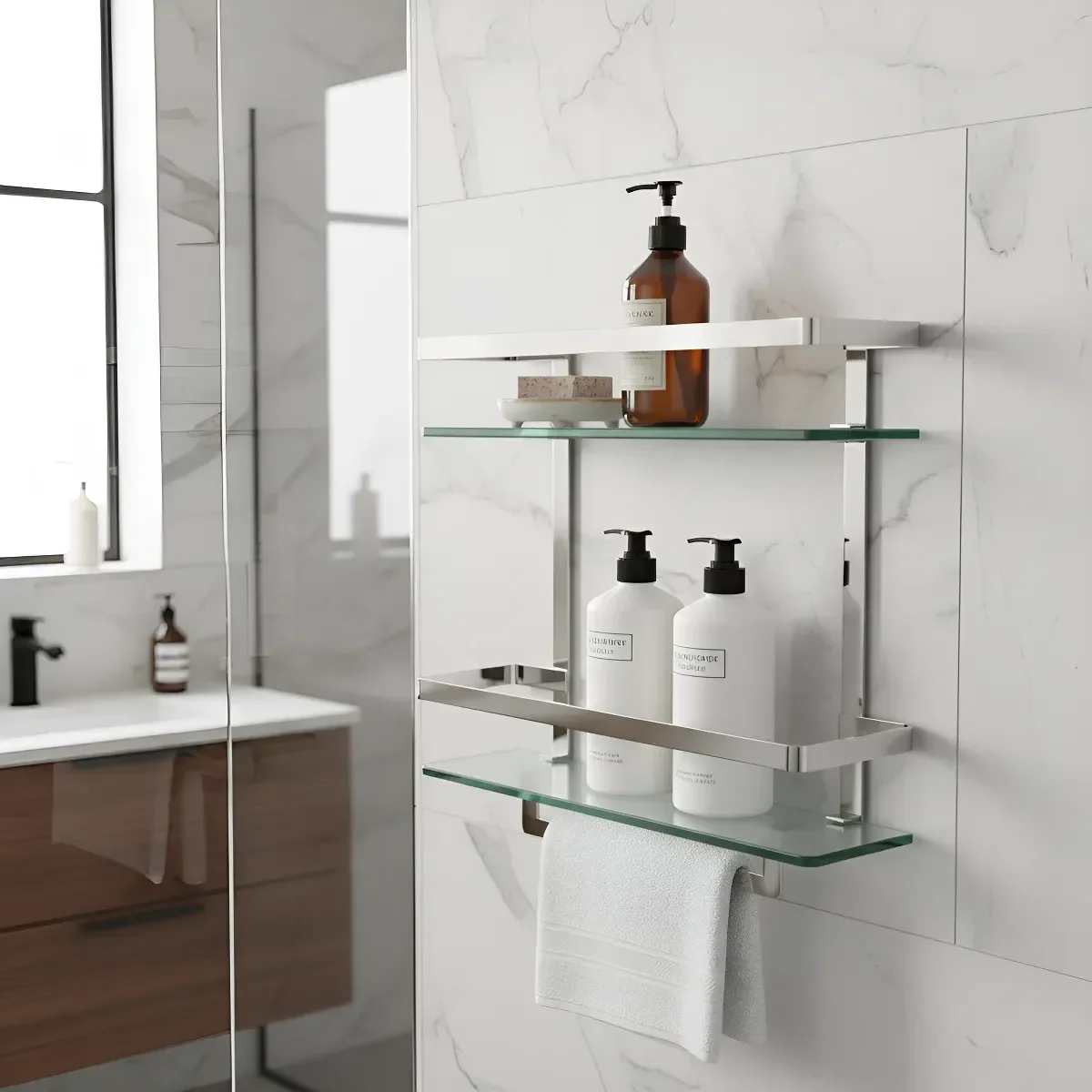 Ver imagem 5 de Porta Shampoo Reto Prateleira Organizador Vidro Banheiro Nicho Duplo Cromado Parede