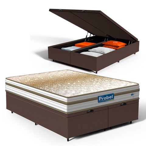 Cama Box Baú com Colchão de Molas Ensacadas Double Face Pillow Euro Alfa Probel Queen 158cm