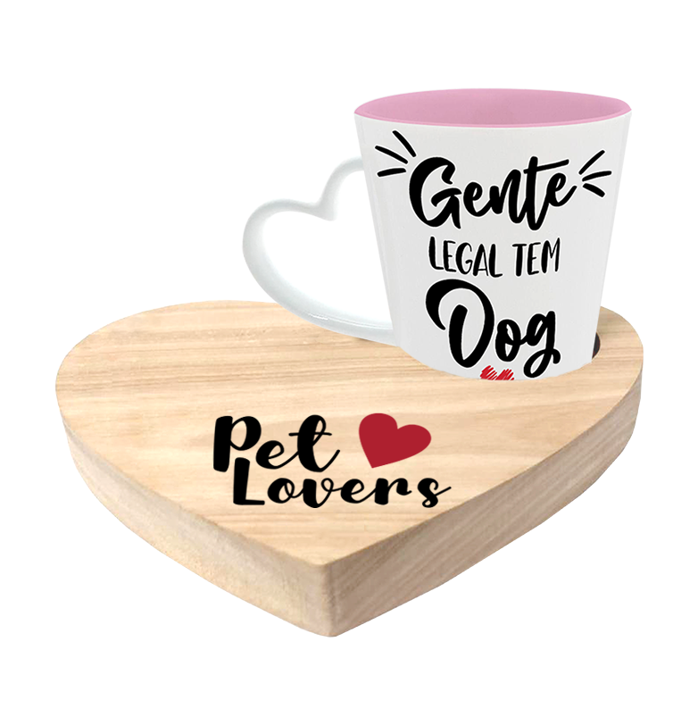 KIT CANECA DROP CORACAO BICOLOR ROSA + BANDEJA CORACAO - GENTE LEGAL TEM DOG - PET LOVERS - 3