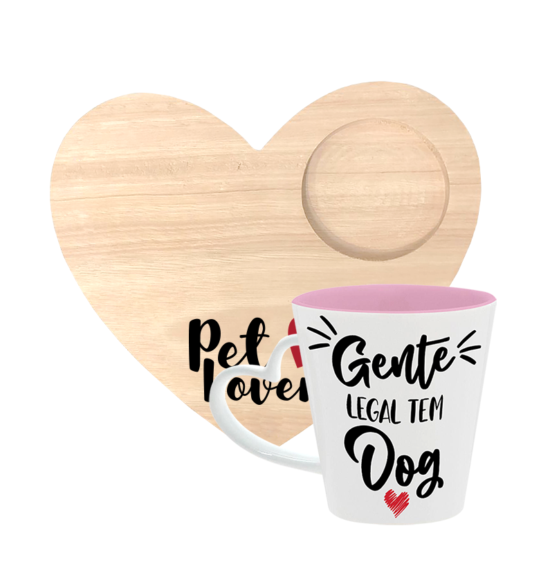 KIT CANECA DROP CORACAO BICOLOR ROSA + BANDEJA CORACAO - GENTE LEGAL TEM DOG - PET LOVERS - 4