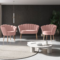 Kit 1 Namoradeira e 2 Poltronas Pétala Decorativas Veludo Rose - Visalar - 1
