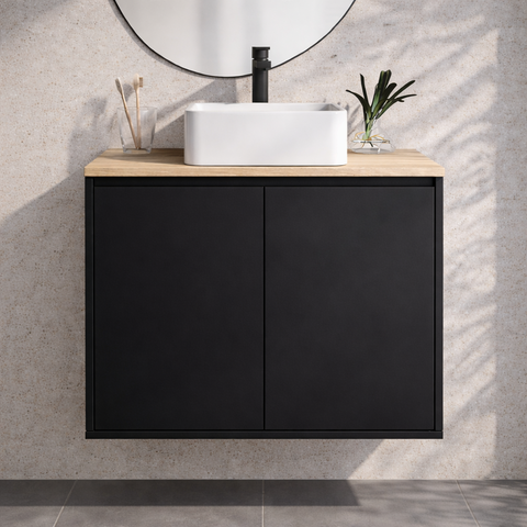 Gabinete de Banheiro Suspenso Preto e Freijó 60cm Minimalista