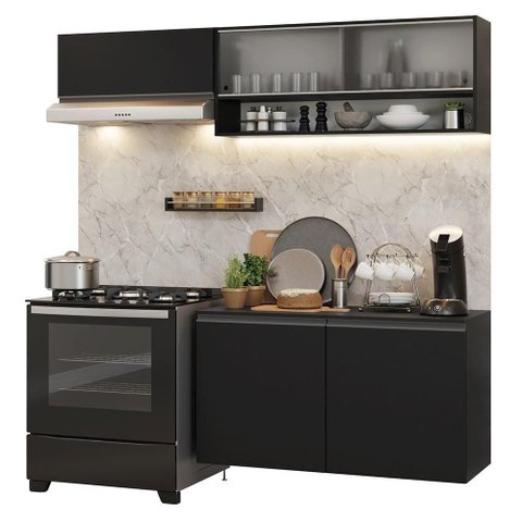 Armário de Cozinha Compacta 200 Cm Suspenso Preto Nice Madesa 07 Preto
