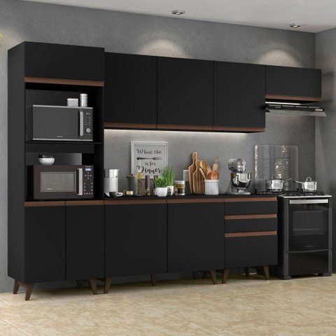 Armário de Cozinha Completa 320cm Preto/Rustic Reims Madesa XA01