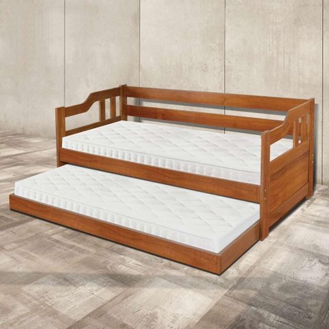 Sofa Cama Solteiro Madeira Maciça com Cama Auxiliar Colchão