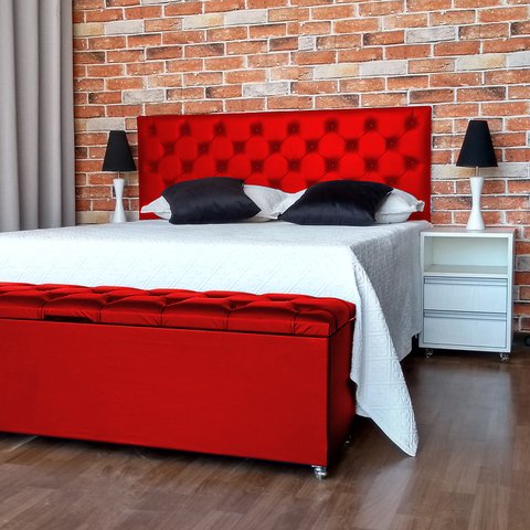Kit Cabeceira e Recamier Luna Capitonê Baú Queen Cama Box Vermelho Rbl