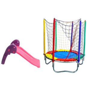 Quintal Compacto Charmoso Infantil Kit Rosa Cama Elástica 1,40m + Escorregador Baby 2 Degraus