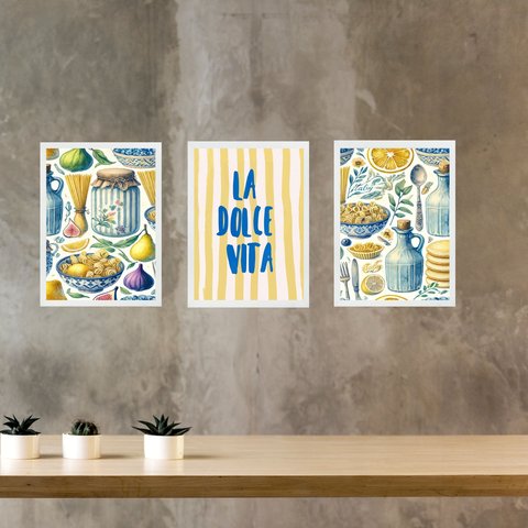 Kit 3 Quadros Cozinha Italiana - La Dolce Vita 33x24cm:moldura Branca