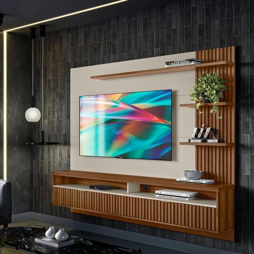 Painel De TV Para Sala Ripado Até 65 Polegadas Freijó Off White