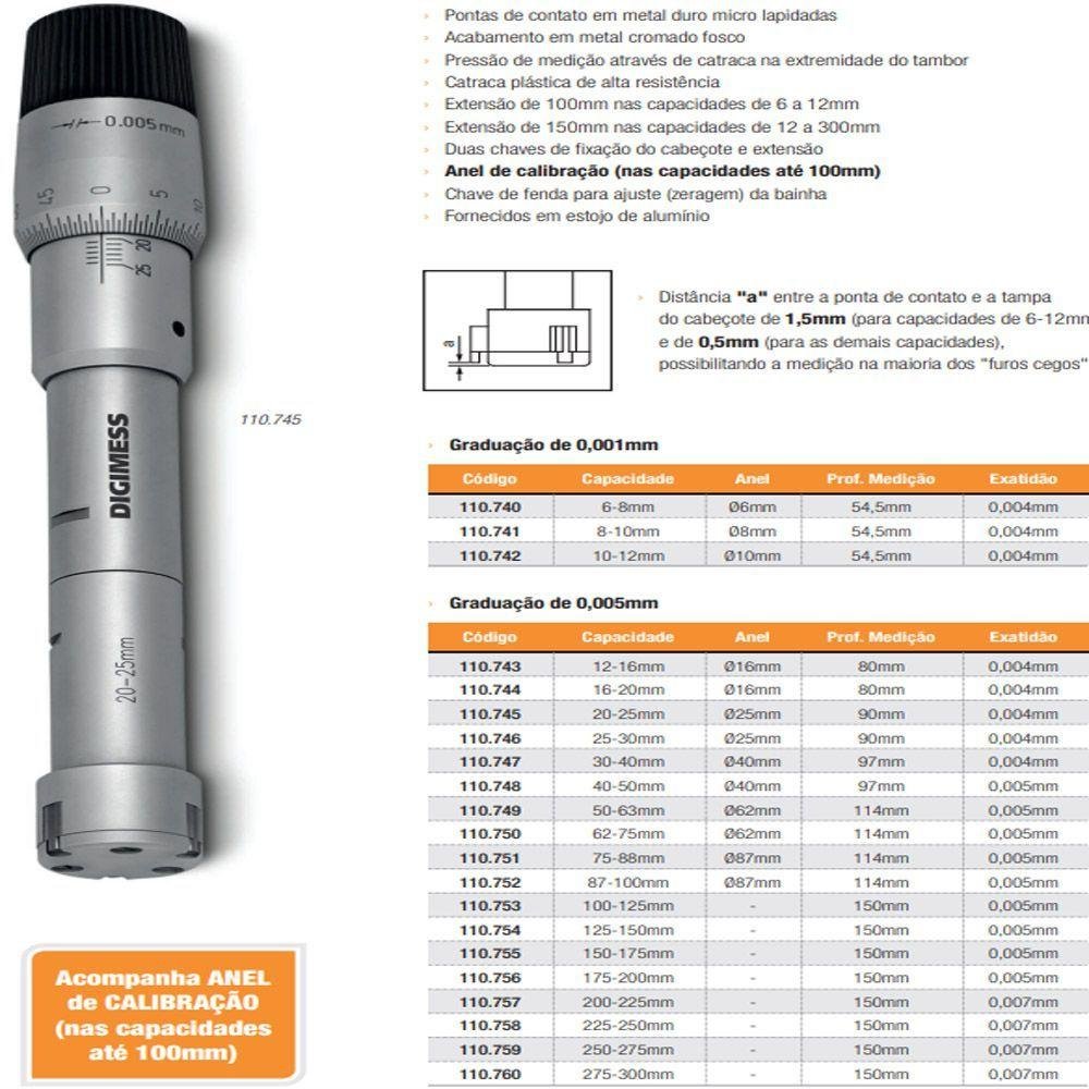 Micrômetros Internos com 3 Pontas de Contato - Cap. 20-25 Mm - Grad. 0,005mm - Ref. 110.745 - 4