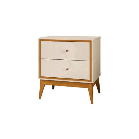 Mesa de Cabeceira Retrô Pés em Madeira 2 Gavetas Lucca Edn:off White/cedro