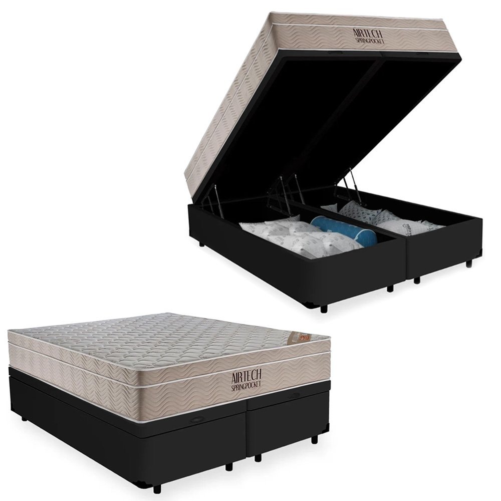 Cama Box Baú Queen Suede Bipartido + Colchão Ortobom Airtech Molas Ensacadas 65x158x198 Preto