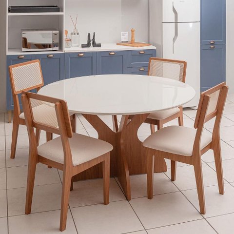 Mesa de Jantar 1,35m com 4 Cadeiras Dalla Costa 100% Mdf Cor:off White com Freijó e Cesare Claro