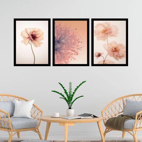 Kit 3 Quadros Fotos Modernas Flores Tons Pêssego 33x24cm:moldura Branca