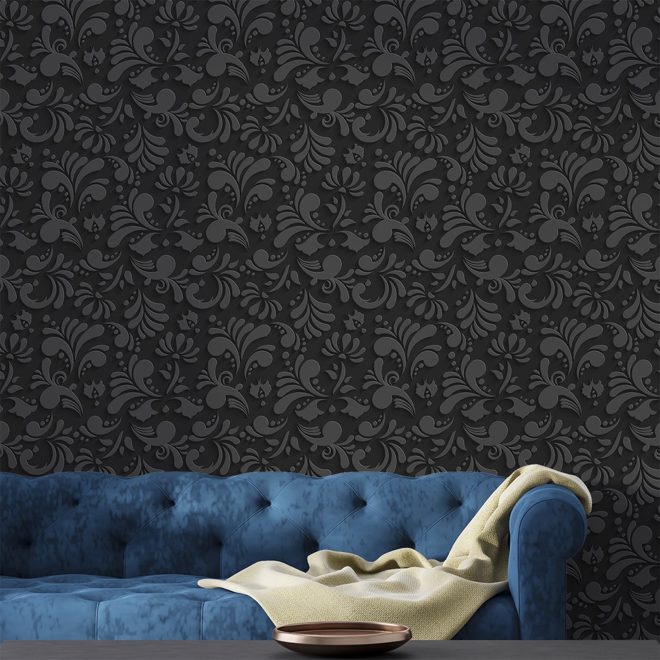 Papel De Parede Adesivo Arabesco Estilo Floral Preto Lavável