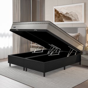 Cama Box Baú Queen + Colchão Molas Ensacadas New Londres Umaflex (158x198x72cm) Cinza Box Preto