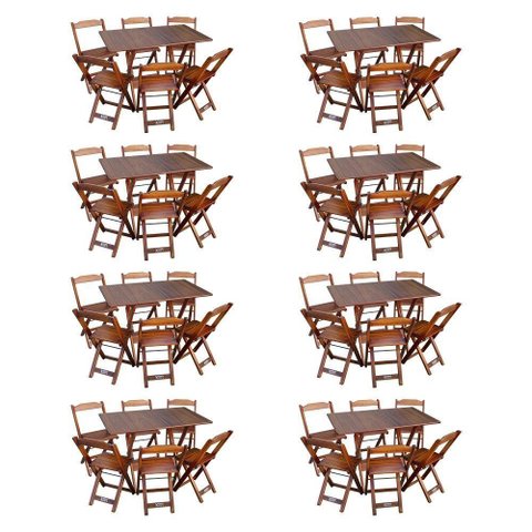Kit 8 Conjuntos de Mesa Dobráveis de Madeira 70x110cm com 6 Cadeiras Imbuia Marrom