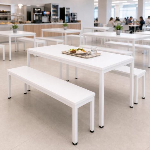 Mesa Cozinha e Refeitório 180cm x 90cm Pés Metal com 2 Bancos F5 Office Cor:Branco