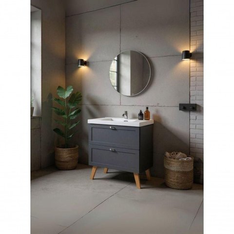 Gabinete para Banheiro com Cuba e Espelho Redondo 80cm Retro Mdf Grafite Milano - On Móveis