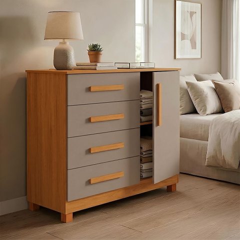 Cômoda Grécia com 4 Gavetas e Porta Nicho Interno Pés Madeira Moderna para Quarto - Nature/gris
