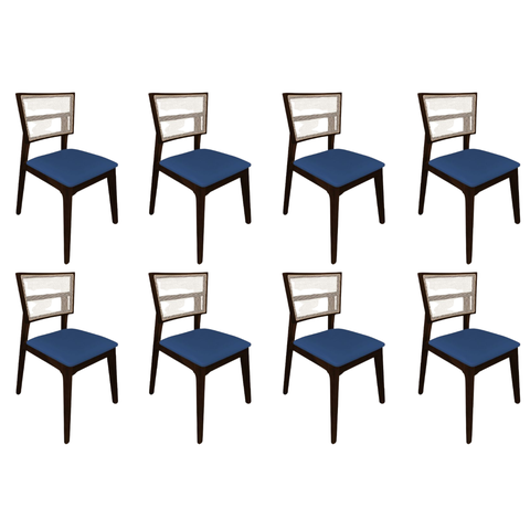 Kit 8 Cadeiras de Jantar Madeira Maciça Castanho Manuela Assento Veludo Azul Tela Premium