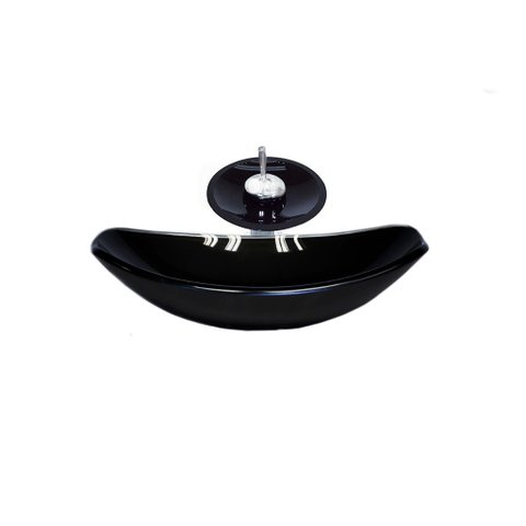 CUBA DE VIDRO OVAL CHANFRADA 46CM PRETA + VALVULA + TORNEIRA CASCATA