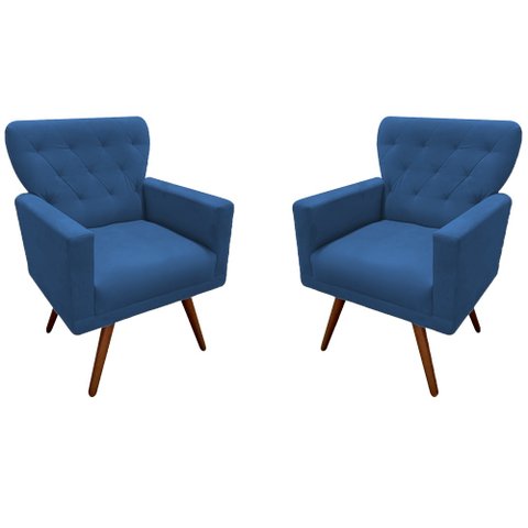Kit 2 Poltronas Decorativa Aurora Suede Azul Pés Madeira Mz Decor