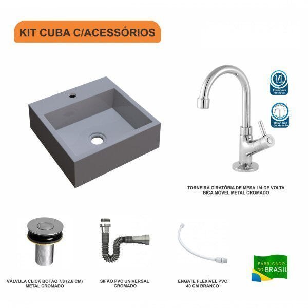 Kit Cuba Q395 com Torneira 1198 Metal e Válvula Click 1"B Pol. Sifão Cromado e Flexível Compace - 3