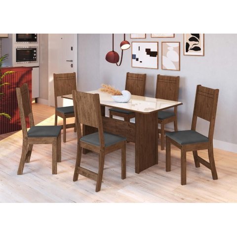 Conjunto Sala de Jantar Fidelitá Atenas 150cm com 6 Cadeiras Noce/off-white Assento Grafite