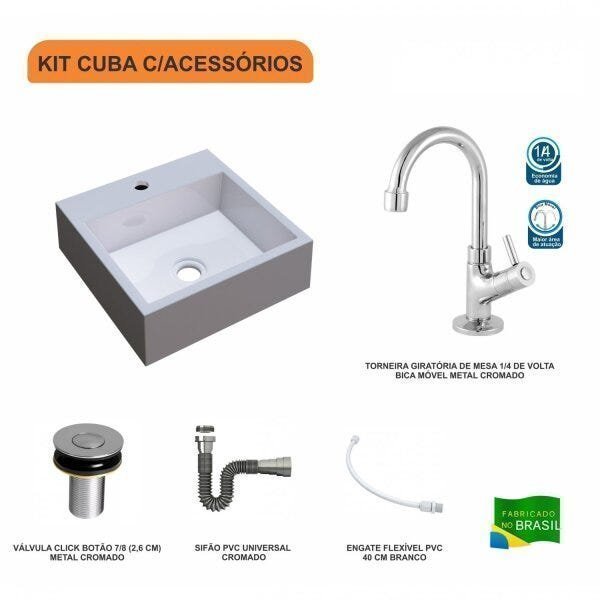 Kit Cuba Q395 com Torneira 1198 Metal e Válvula Click 1"B Pol. Sifão Cromado e Flexível Compace - 3