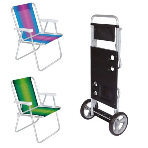 Kit Carrinho de Praia Vira Mesa + 2 Cadeiras Aluminio Mor
