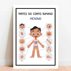 Placa Educacional Partes do Corpo Humano Menino - 40x60cm