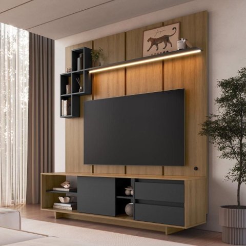 Rack Painel para TV 55" 180cm MDP com LED Mel Grafite Multimóveis