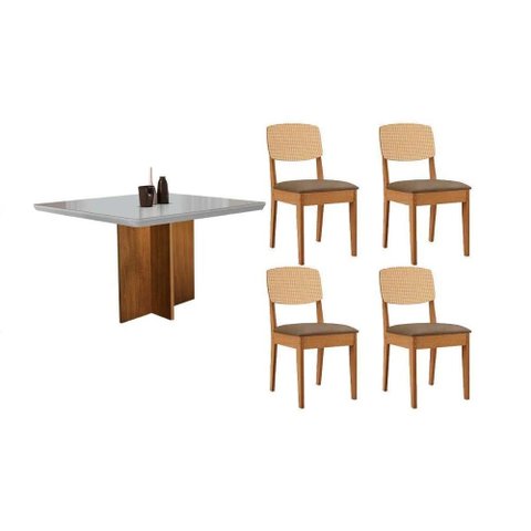 Conjunto Sala de Jantar Berlim C/ Tampo Madeirado C/ Vidro Canto Curvo 90x90cm e 4 Cadeiras Havana