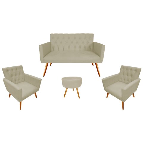 Kit Namoradeira + 2 Poltronas Decorativa Nina Capitonê + Puff Redondo Couro Bege Pés Madeira Mz Deco